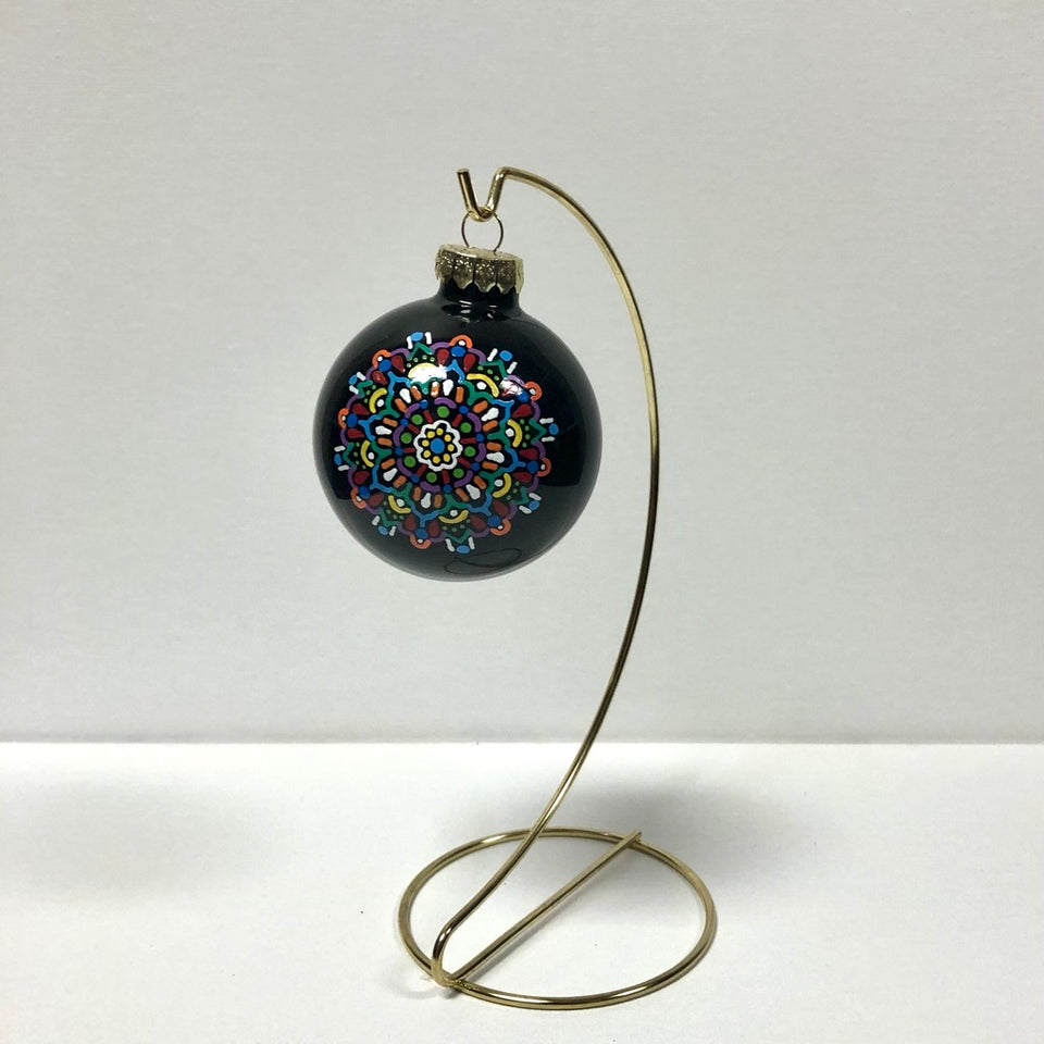 Black Glass Ornament with Hand-painted Multi-Colored Mandala