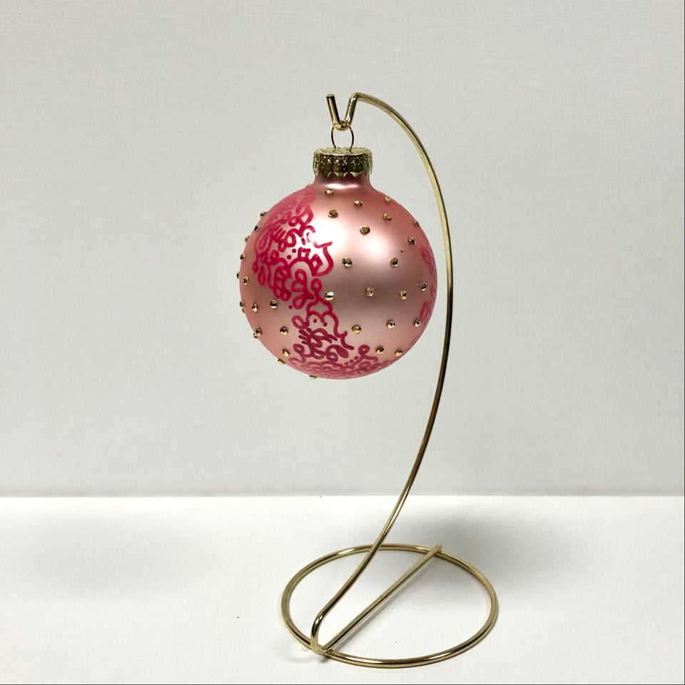 Pink Glass Ornament with Hand-painted Pink Design with Gold Beading