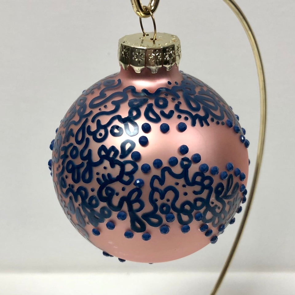 Pink Glass Ornament with Hand-painted Navy Design with Navy Beading