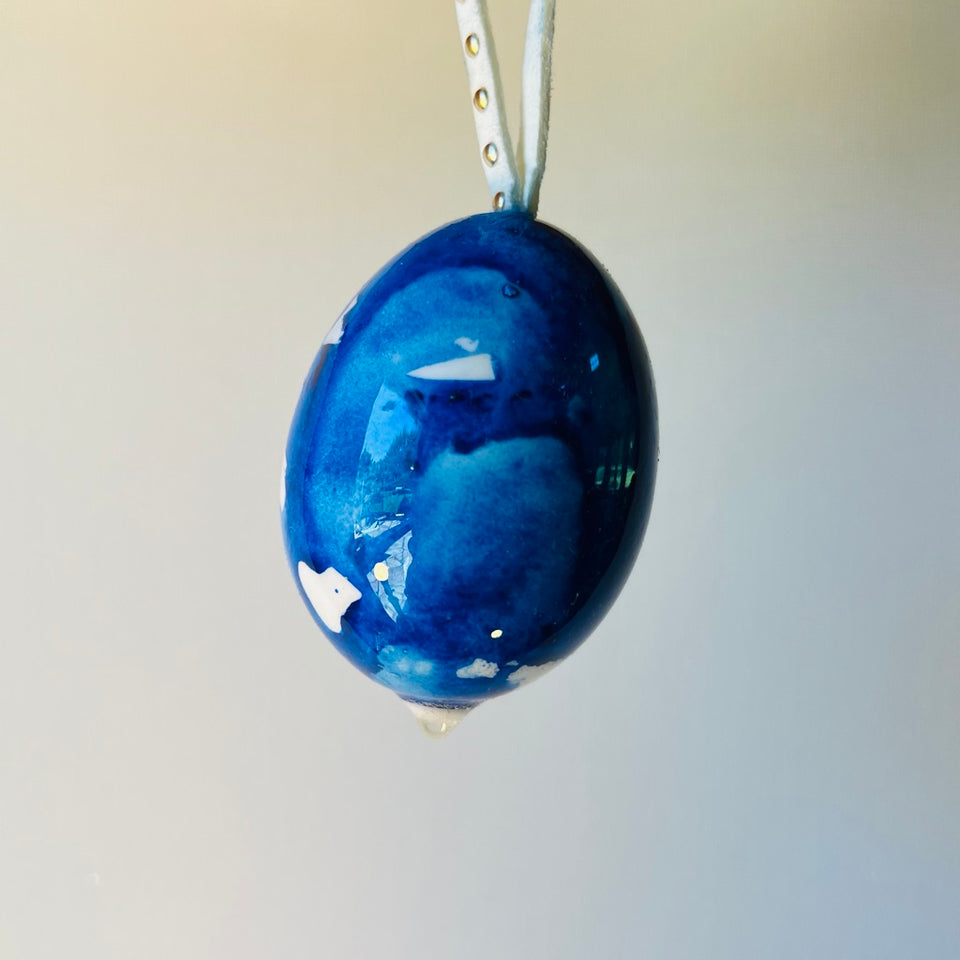 Real Egg Ornament with Vibrant Blue Watercolors