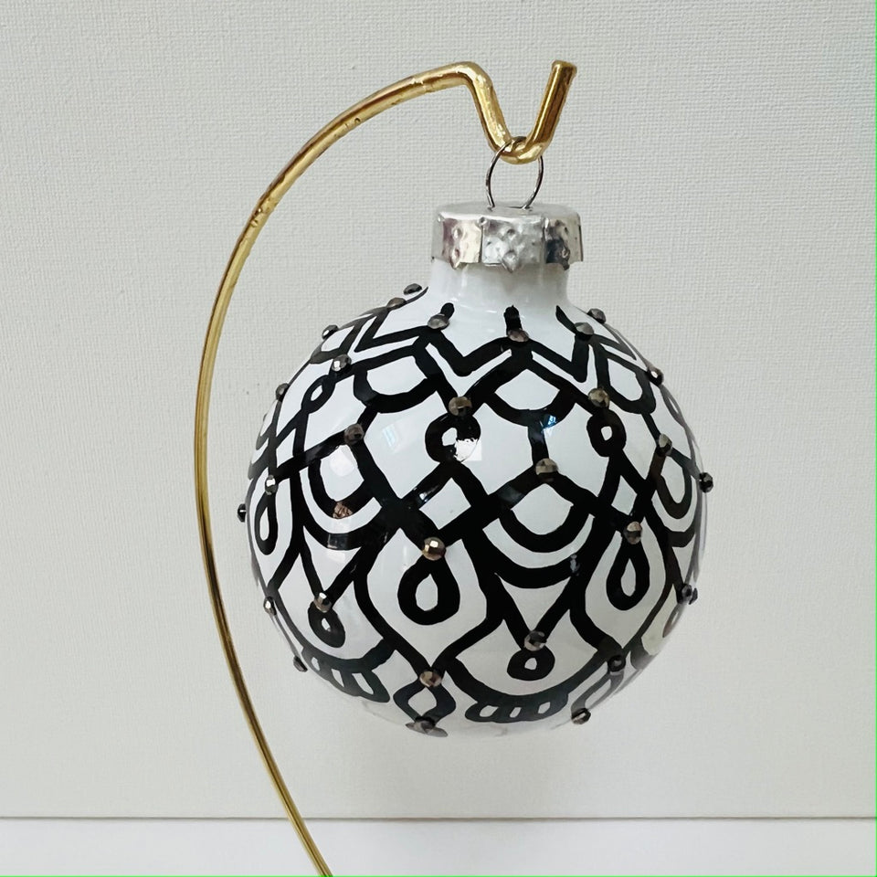 White Glass Ornament with Black Design and Silver Beading