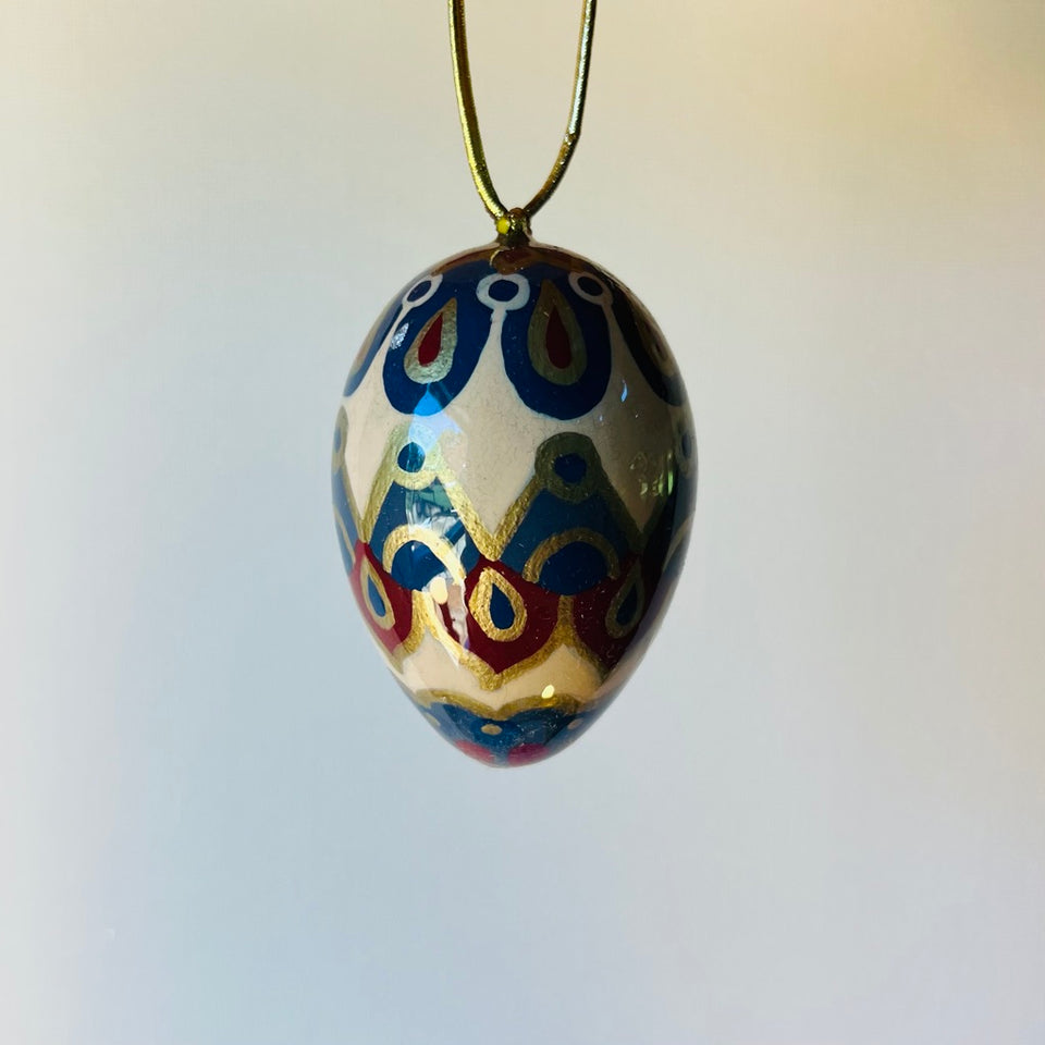 Hand-Painted Egg Ornament with Ivory, Navy, Red, Gray & Gold Pattern