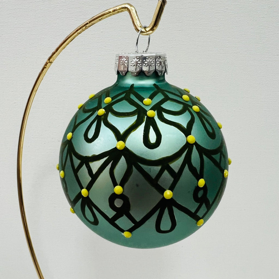 Seafoam Green Glass Ornament with Hand-Painted Green Design