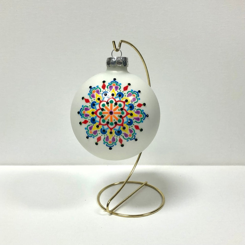Extra Large White Glass Ornament with Hand-painted Multi-colored Mandala with Black Beading