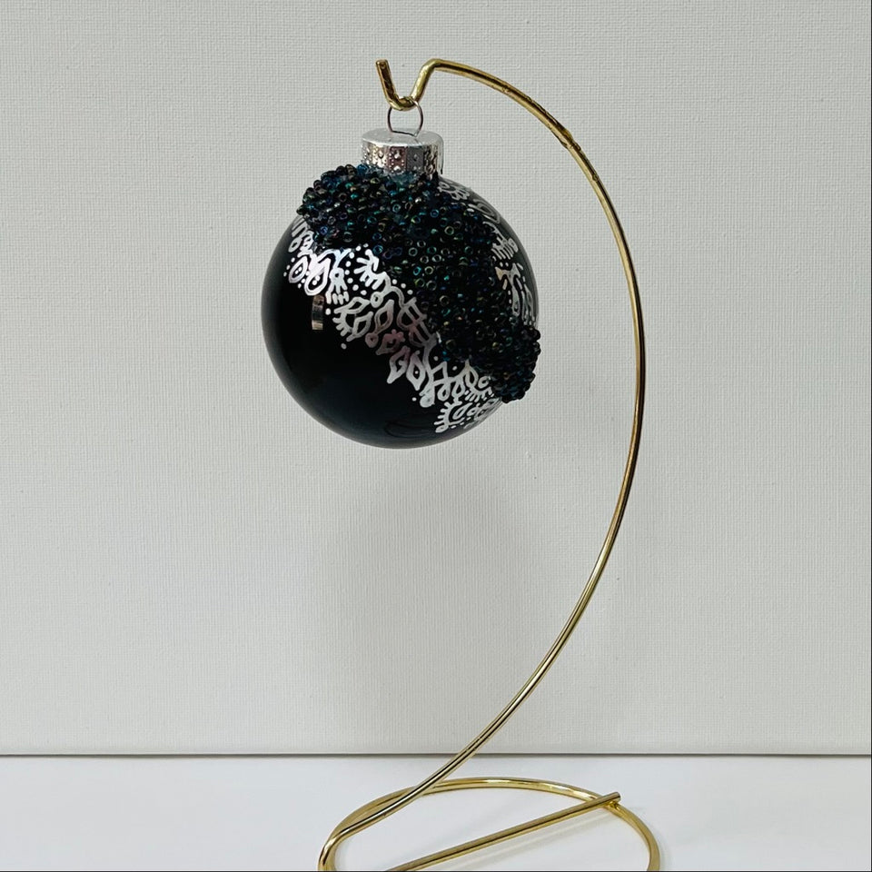 Black Glass Ornament with Silver Patterning and Multi-Colored Beading