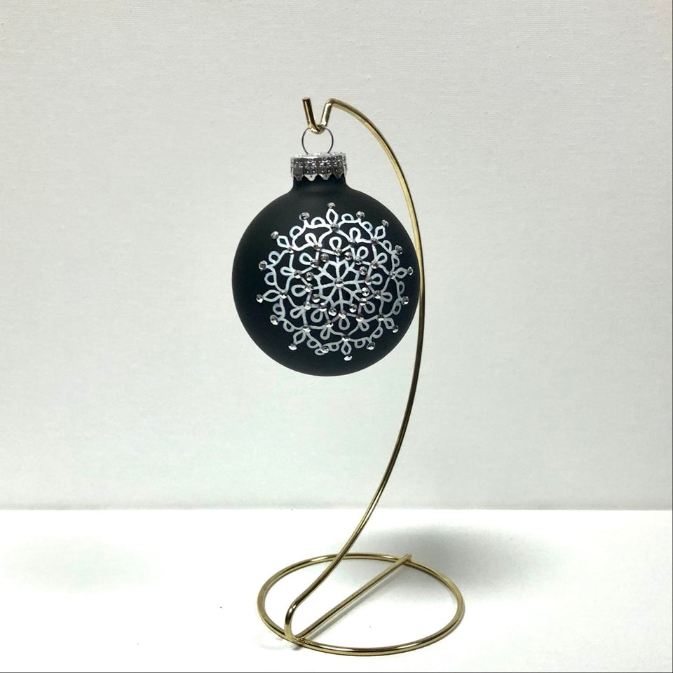 Matte Black Glass Ornament with Hand-painted White Mandala with Silver Beading