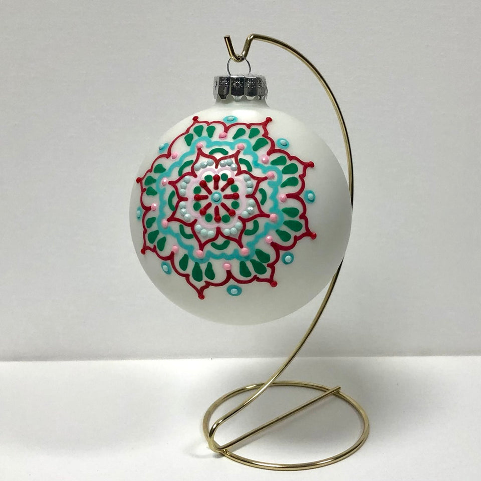 Extra Large White Glass Ornament with Hand-painted Mandala in Red, Green, Aqua and Pink