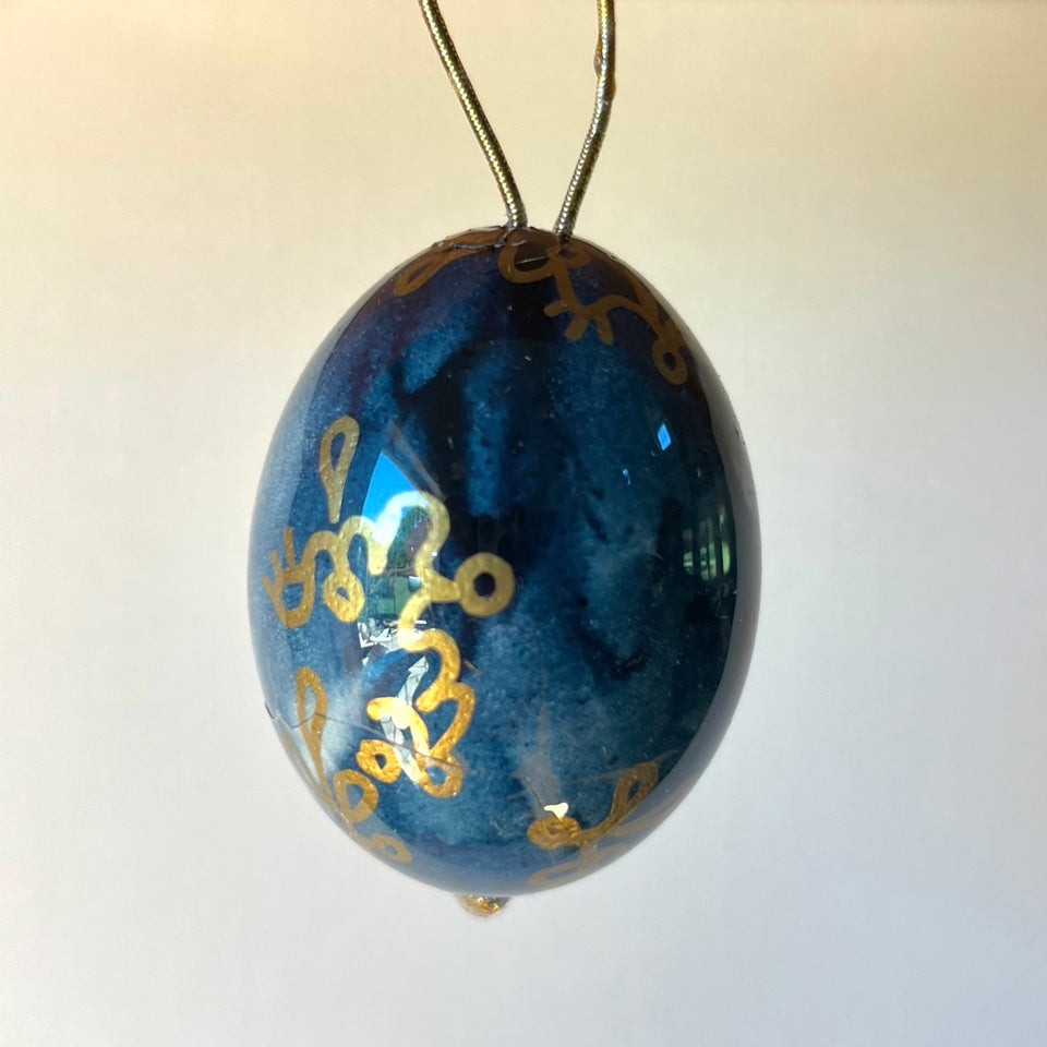 Real Egg Ornament with Prussian Blue and Gold Detail