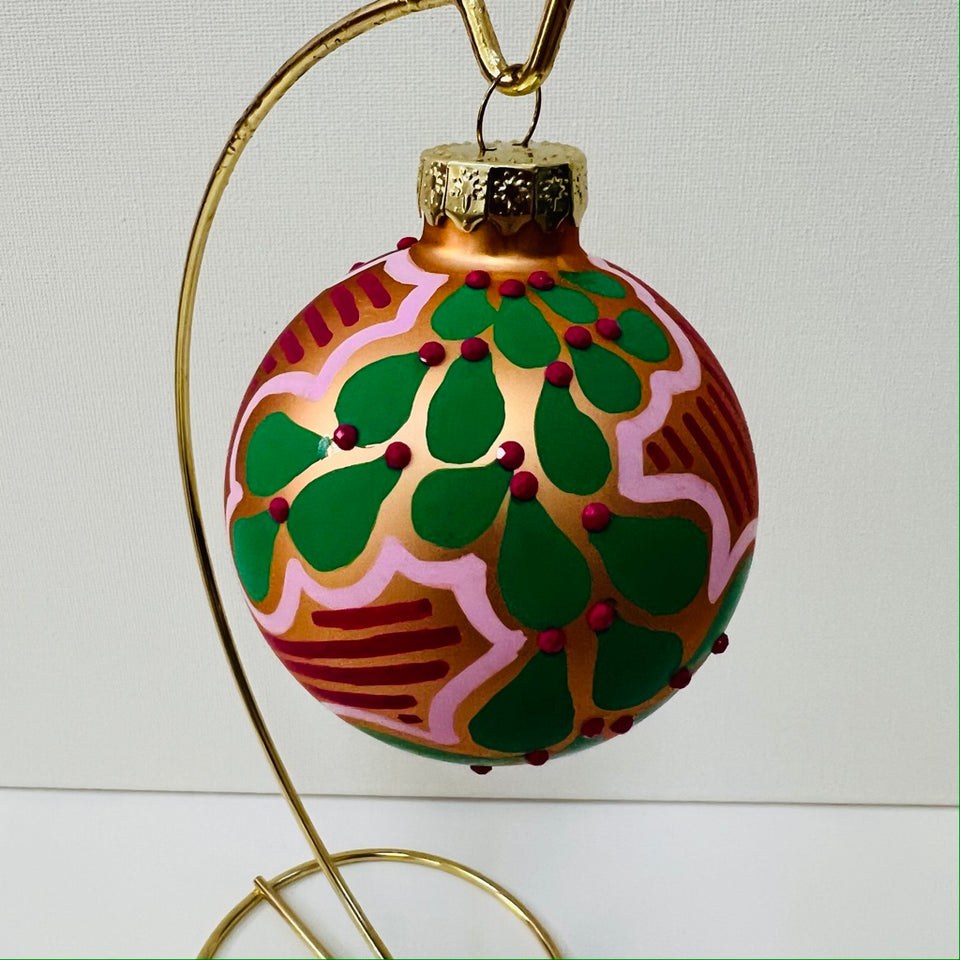 Dark Gold Glass Ornament with Green and Pink Design with Pink Beading