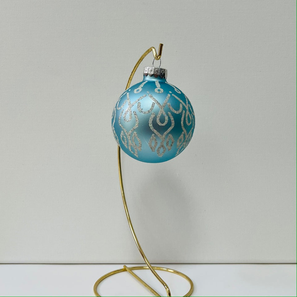 Sky Blue Glass Ornament with Hand-Painted Frosted Design.