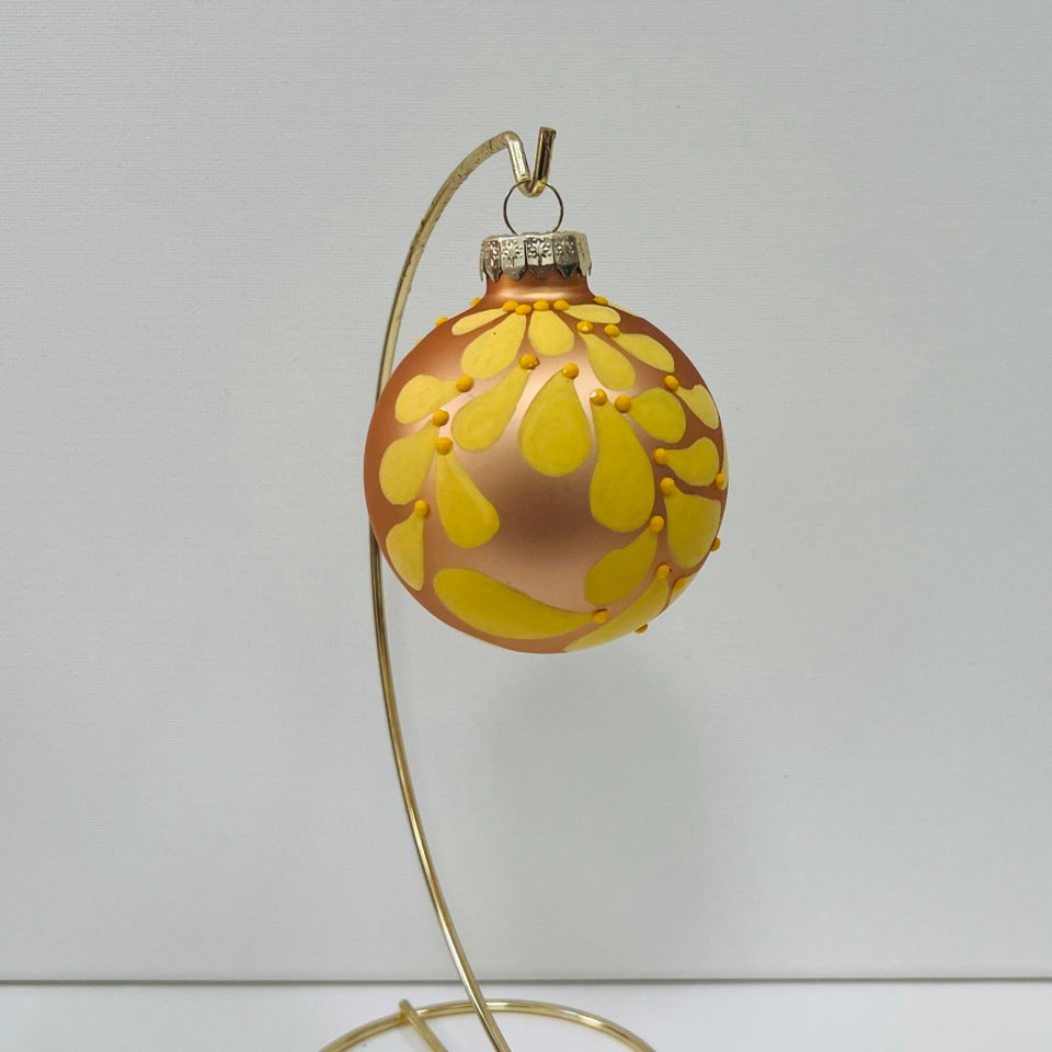 Dark Gold Glass Ornament with Hand-Painted Yellow Design