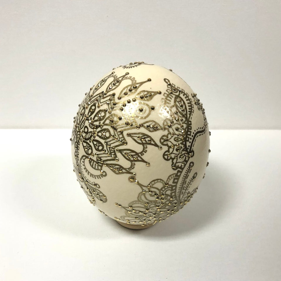 Authentic Ostrich Egg with Hand-Painted Gold Detail and Gold Beading.