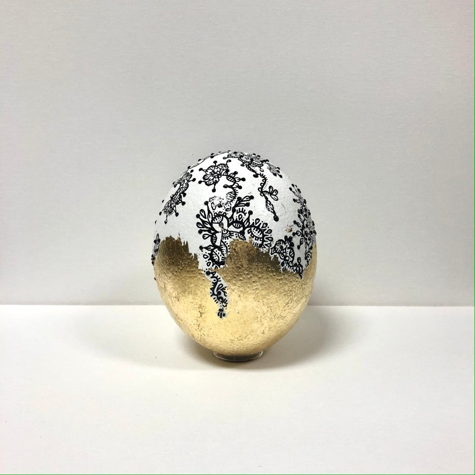 Authentic Ostrich Egg with Black and Gold Leaf Detail