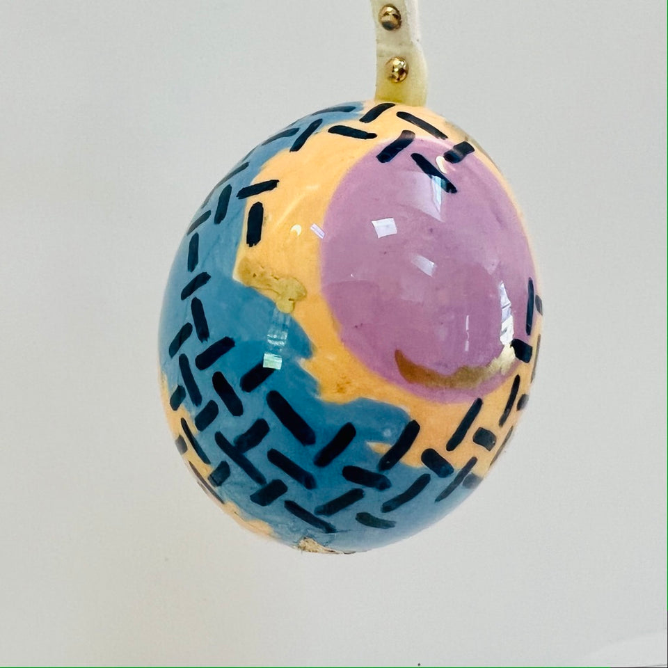 Real Egg Ornament with Blue, Peach, and Navy Detail