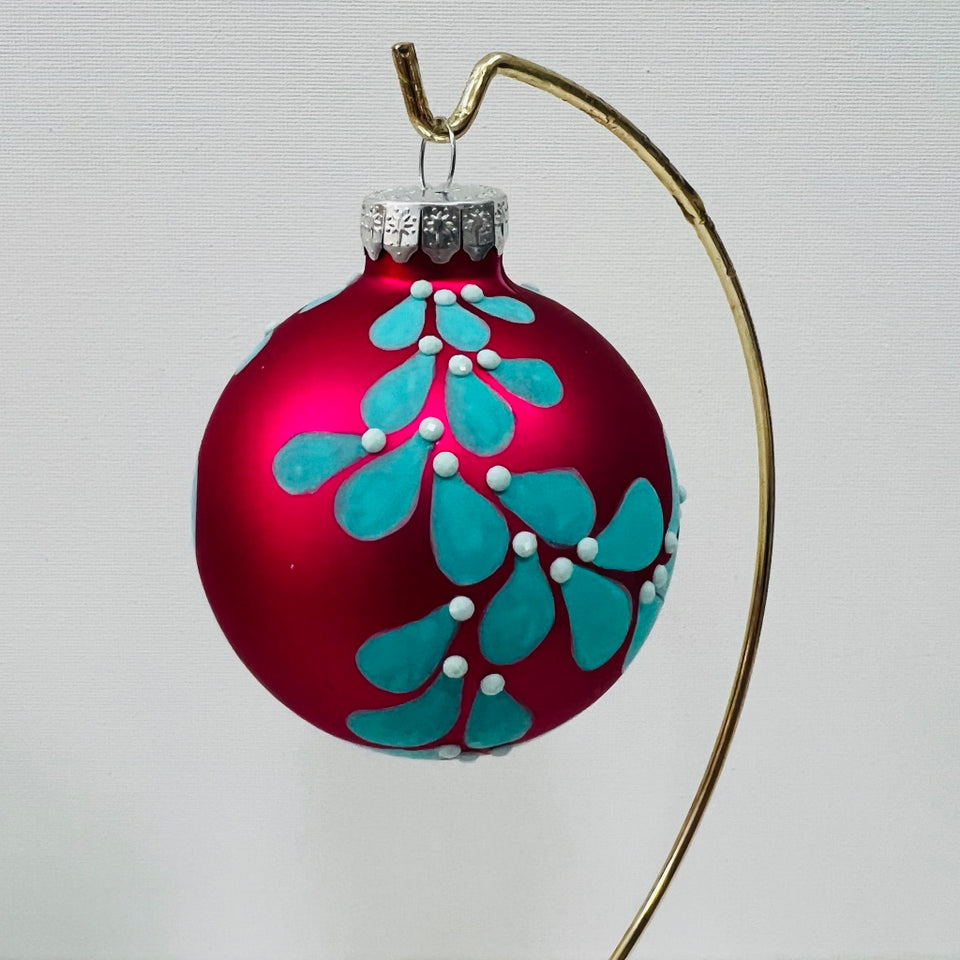 Pink Glass Ornament with Hand-Painted Aqua Design