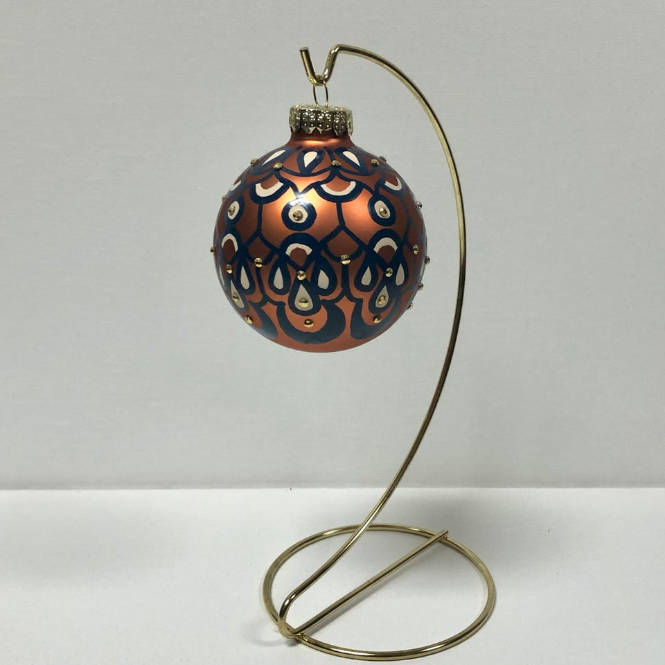 Copper Glass Ornament with Hand-painted Navy & White Design with Gold beading