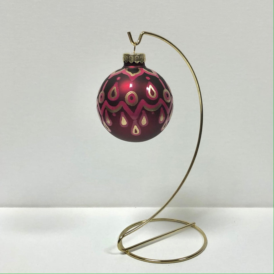 Burgundy Glass Ornament with Hand-painted Gold and Pink Design