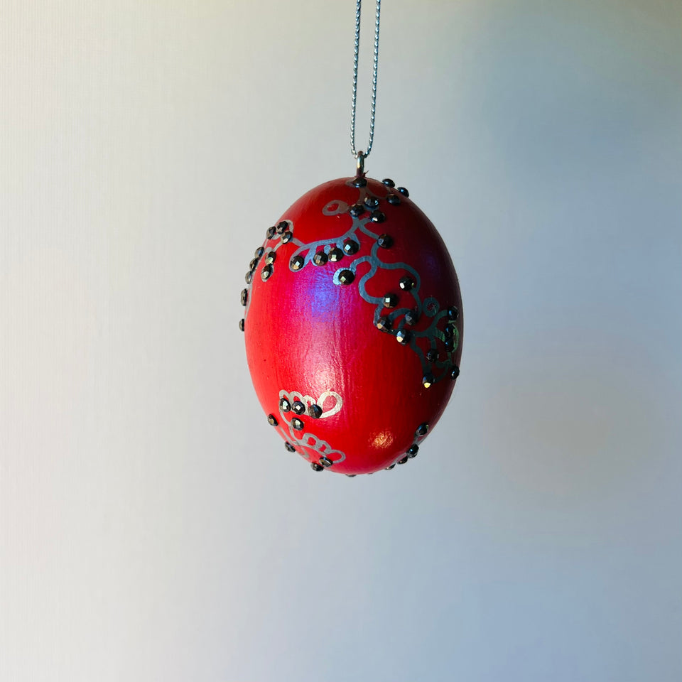 Wooden Egg Ornament with Hand-Painted Red and Silver Detail
