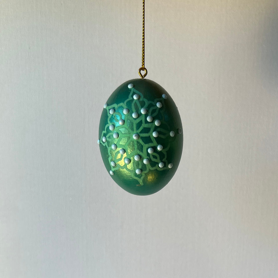 Wooden Egg Ornament in Green with Hand-Painted White Mandala