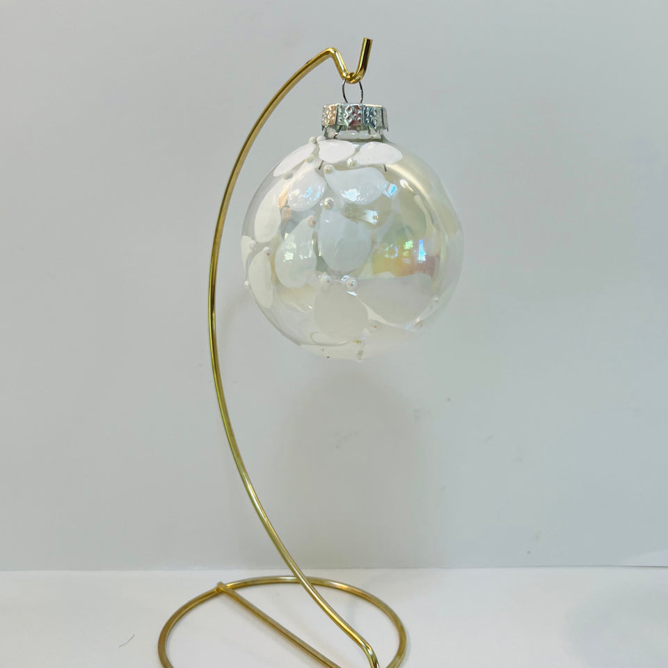 Clear Glass Ornament with Hand-painted White Design with White Beading
