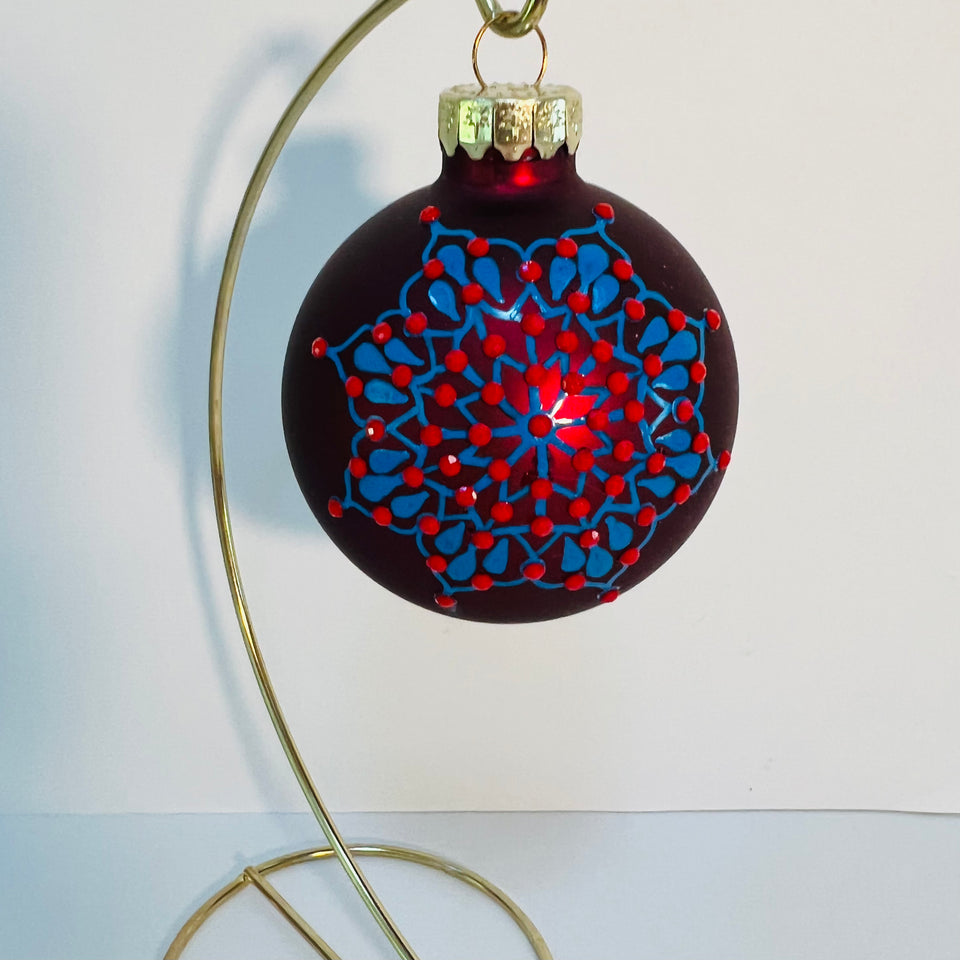 Burgundy Glass Ornament with Hand-painted Blue Mandala
