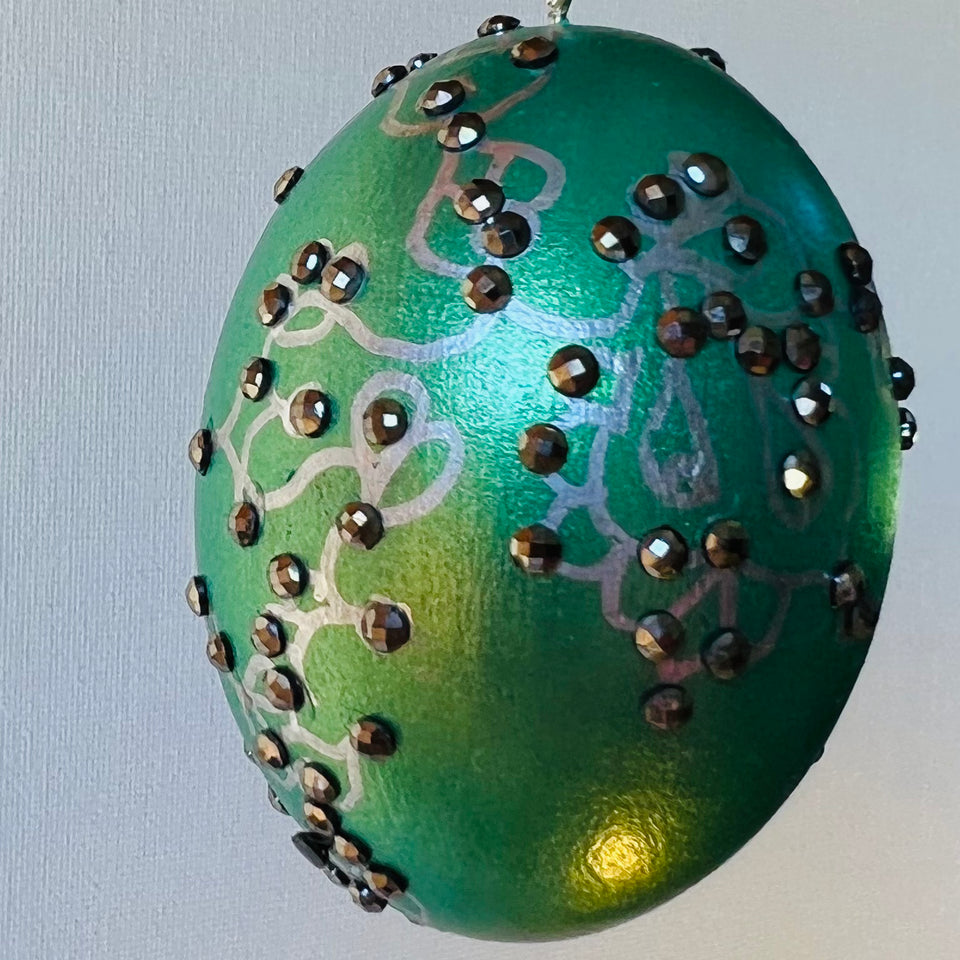 Wooden Egg Ornament with Hand-Painted Green and Silver Detail