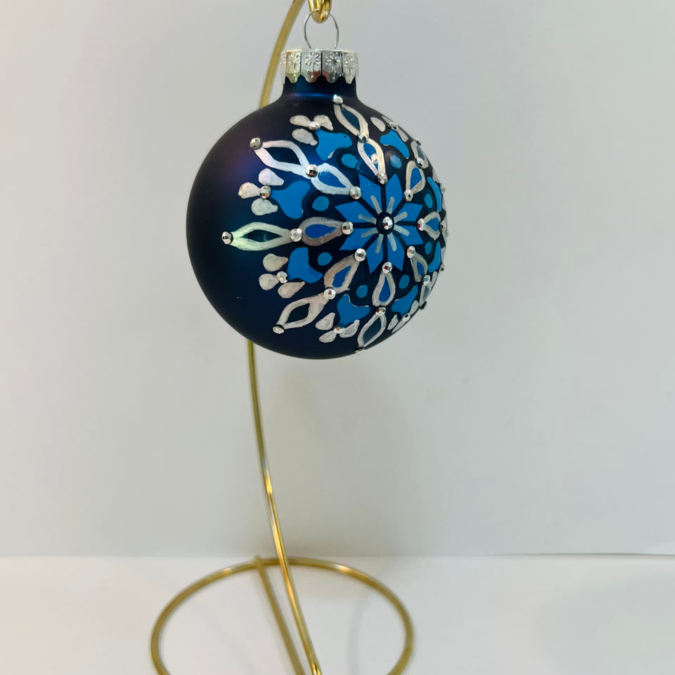 Navy Glass Ornament with Hand-painted Blue and Silver Mandala