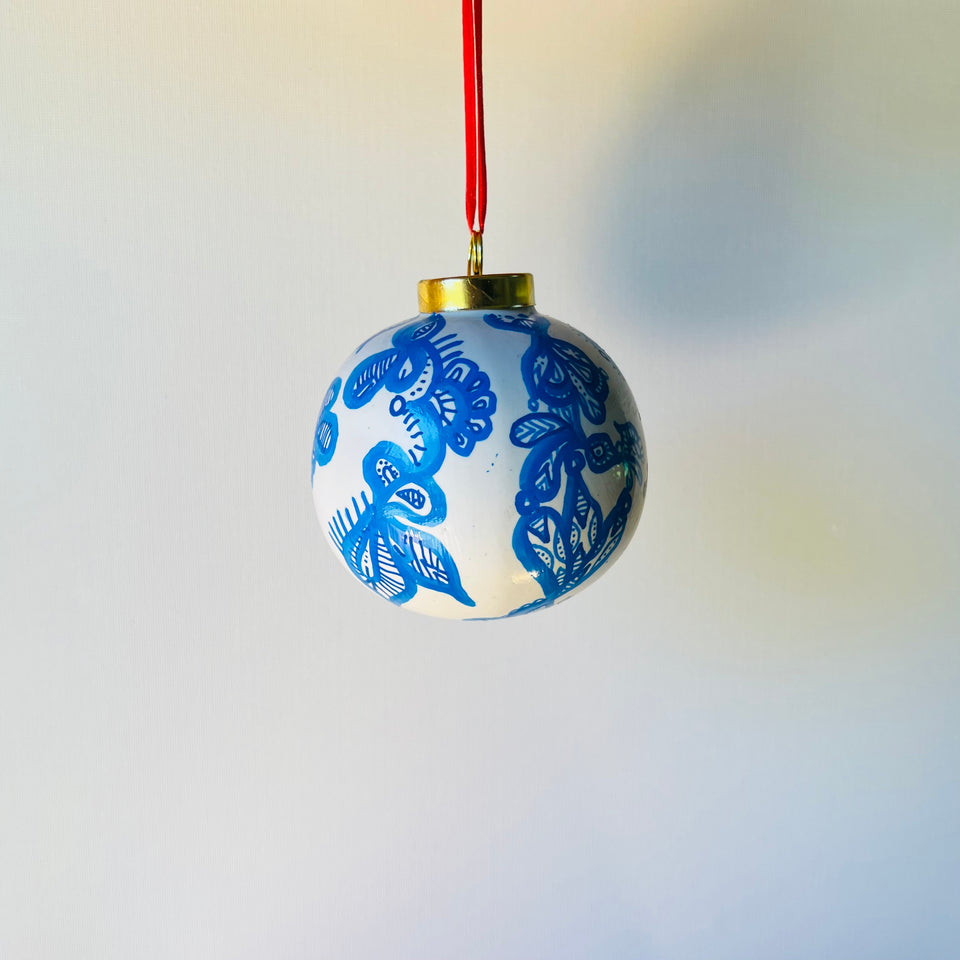 White Glass Ornament with Hand-painted Blue Design