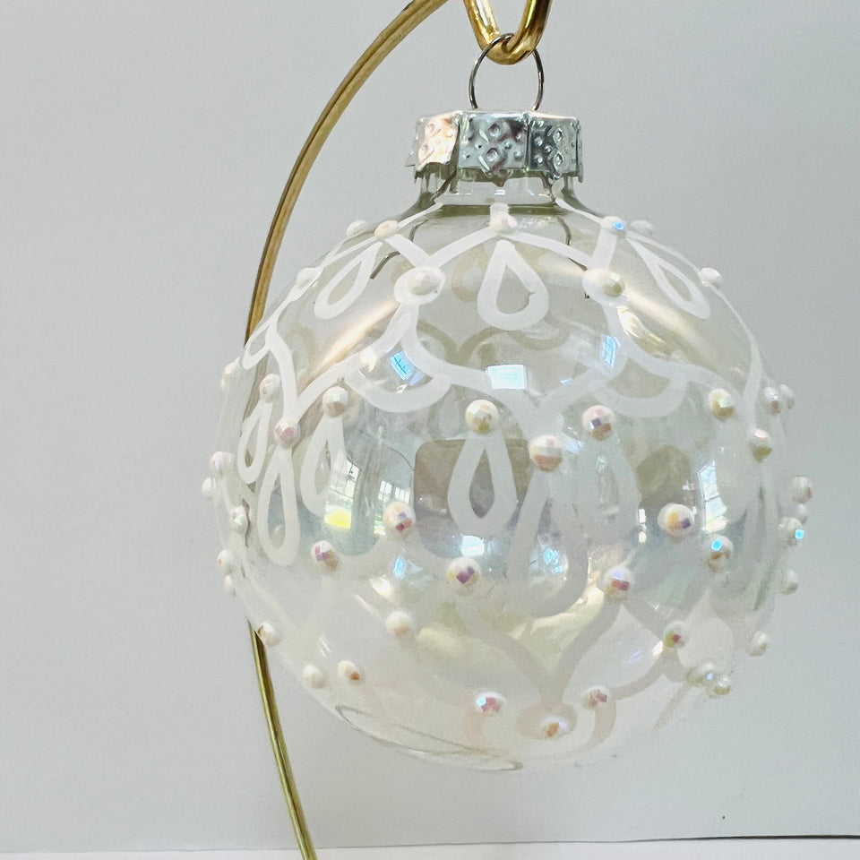 Clear Glass Ornament with Hand-painted White Patterning with White Beading