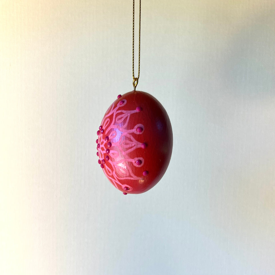 Wooden Egg Ornament in Pink with Hand-Painted Pink Mandala