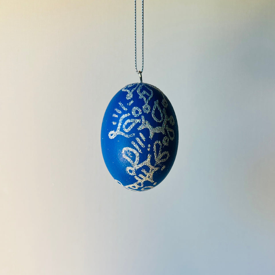 Wooden Egg Ornament with Hand-Painted Blue and White Detail