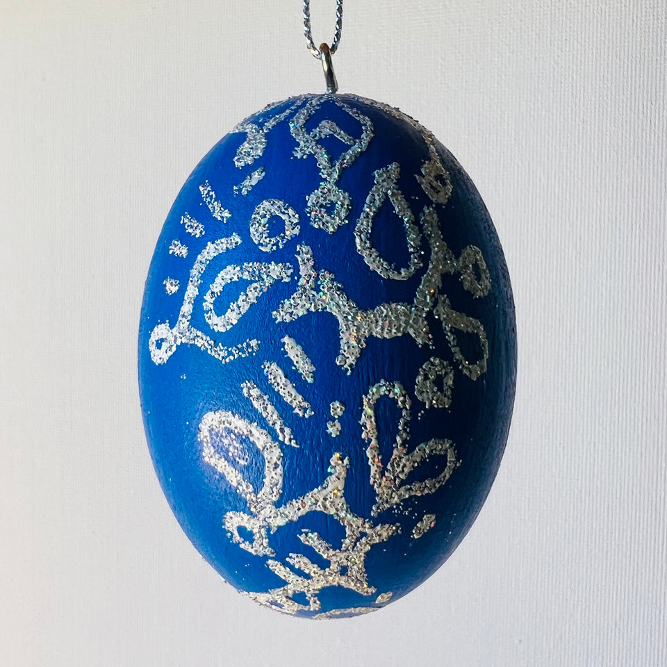 Wooden Egg Ornament with Hand-Painted Blue and White Detail