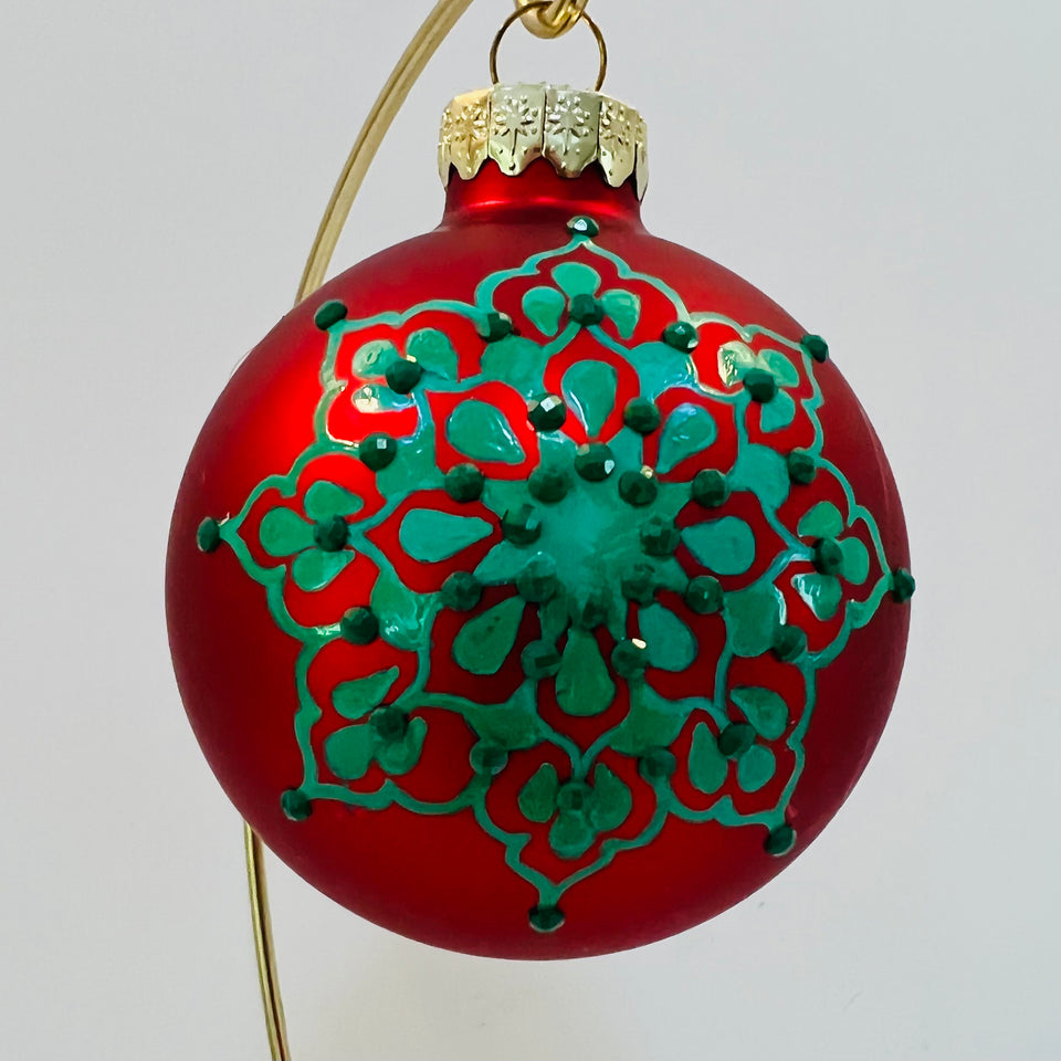 Red Glass Ornament with Hand-painted Green Mandala