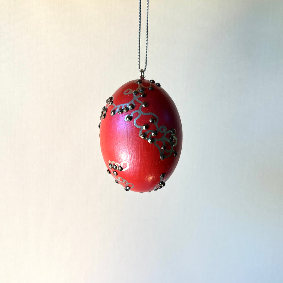Wooden Egg Ornament with Hand-Painted Red and Silver Detail