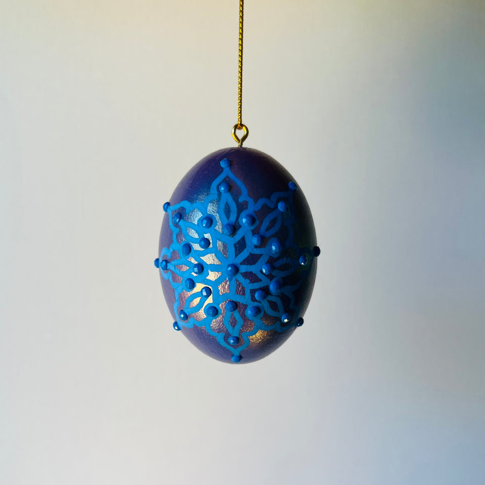 Wooden Egg Ornament in Lavender with Hand-Painted Blue Mandala