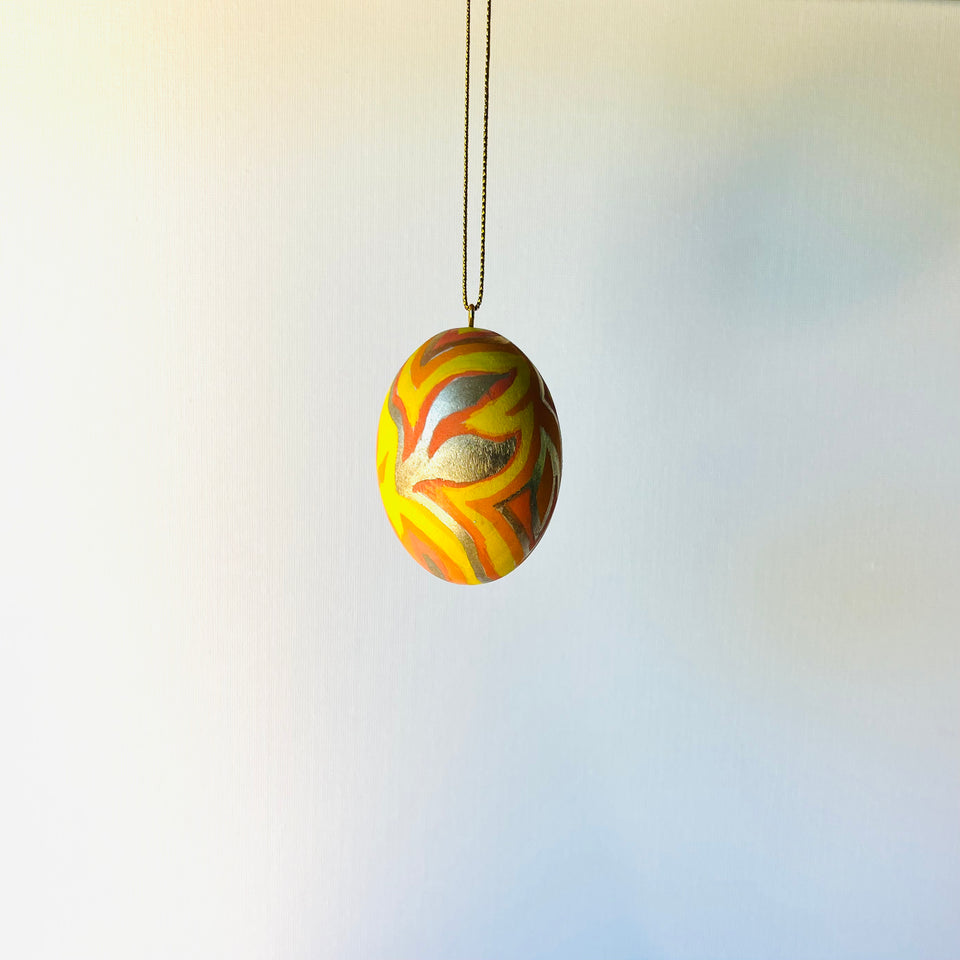 Wooden Egg Ornament with Yellow and Gold Detail