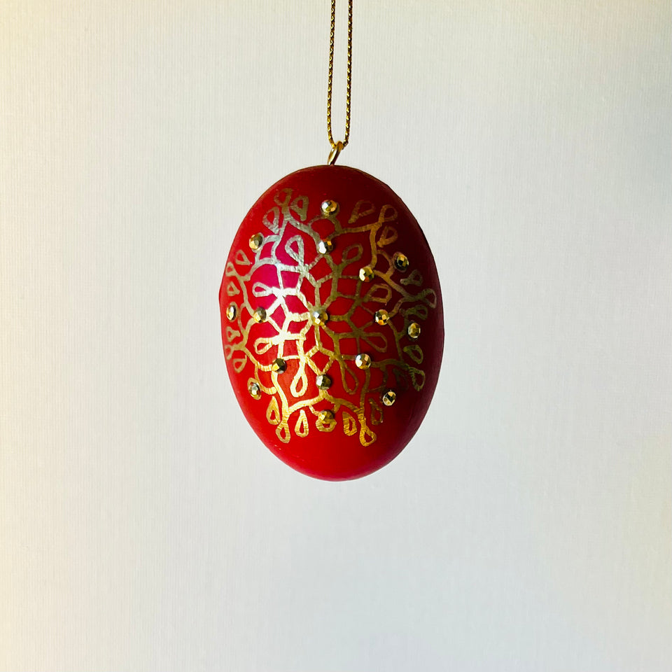 Wooden Egg Ornament in Red with Gold Mandala Detail