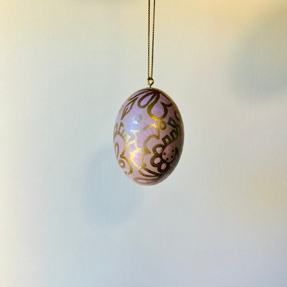 Wooden Egg Ornament in Pale Pink with Gold Detail