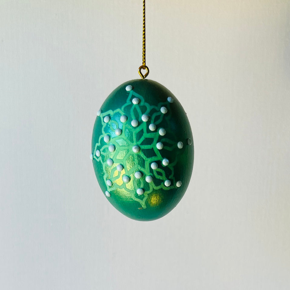 Wooden Egg Ornament in Green with Hand-Painted White Mandala