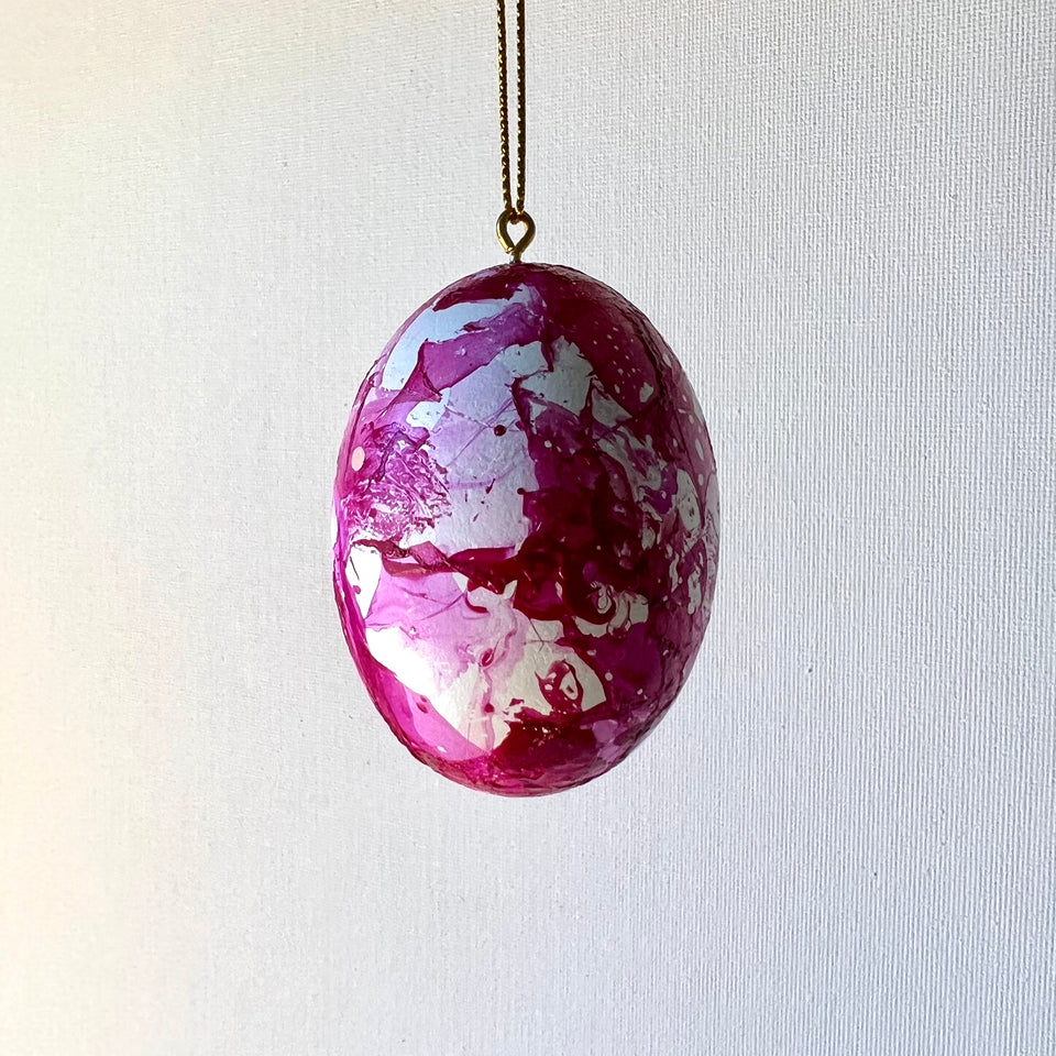 Wooden Egg Ornament with Pink and White Detail
