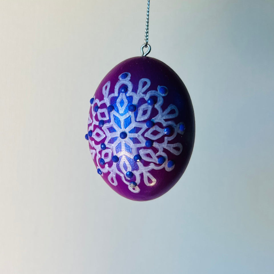 Wooden Egg Ornament in Purple with Hand-Painted White Mandala