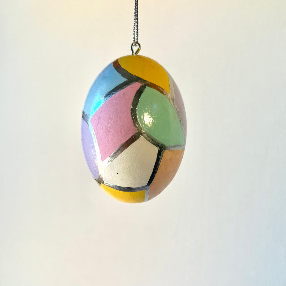 Wooden Egg Ornament with Multicolored and Silver Detail