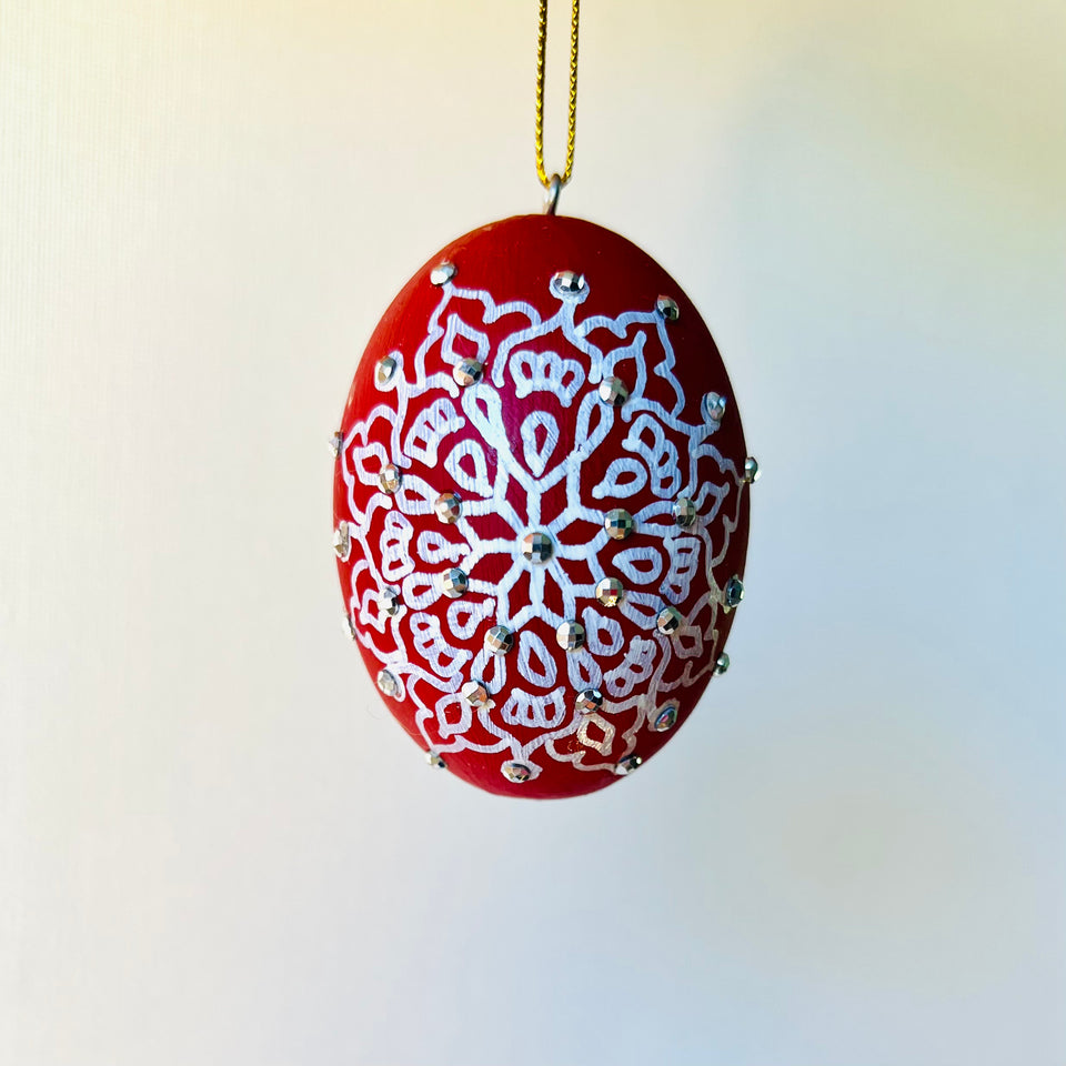 Wooden Egg Ornament in Red with White and Silver Mandala Detail