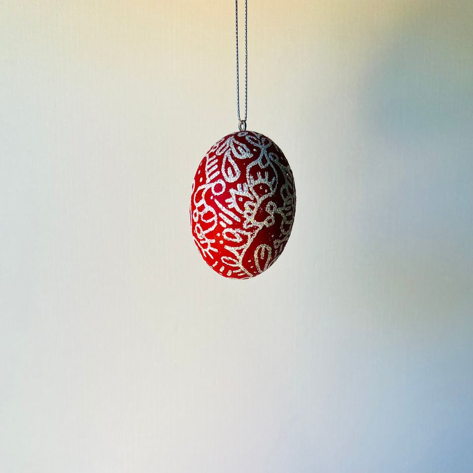 Wooden Egg Ornament in Red with White Detail