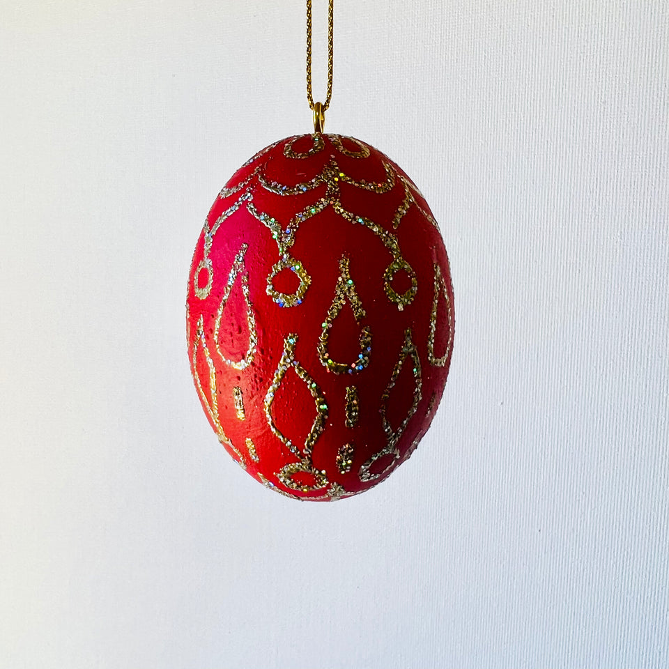Wooden Egg Ornament in Red with Gold Detail