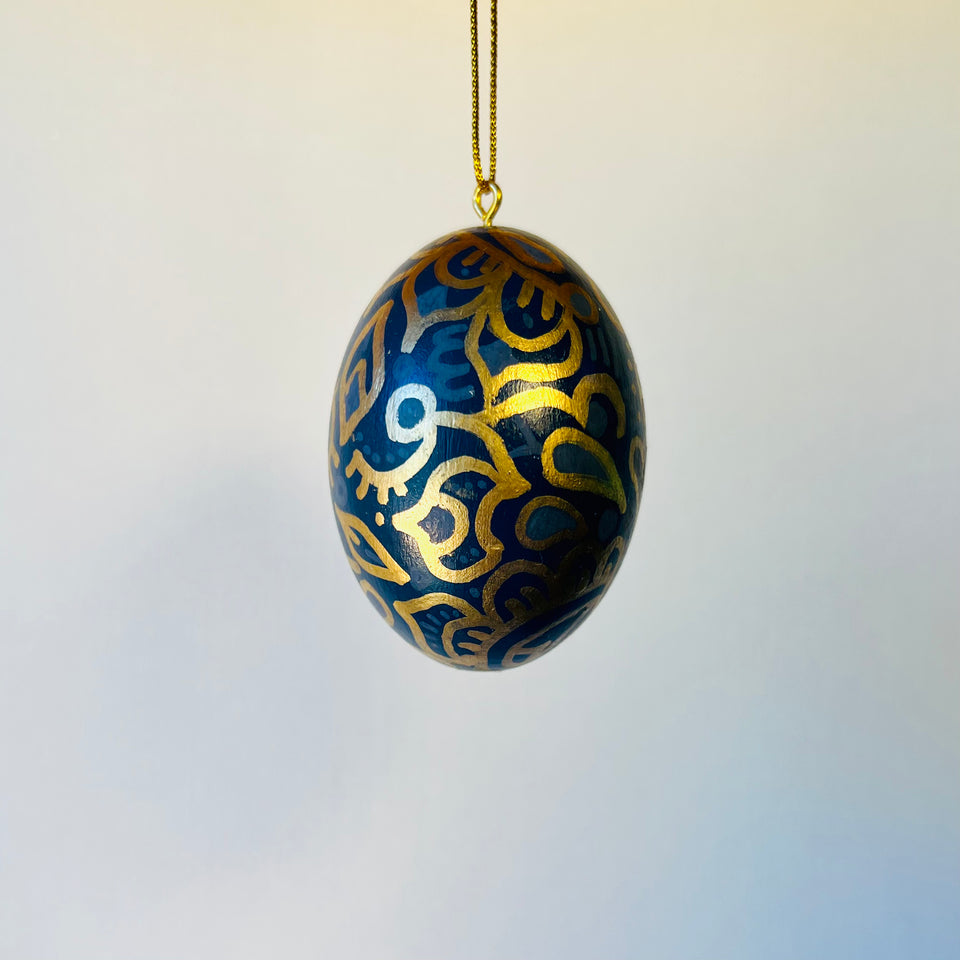 Wooden Egg Ornament in Navy with Gold Detail