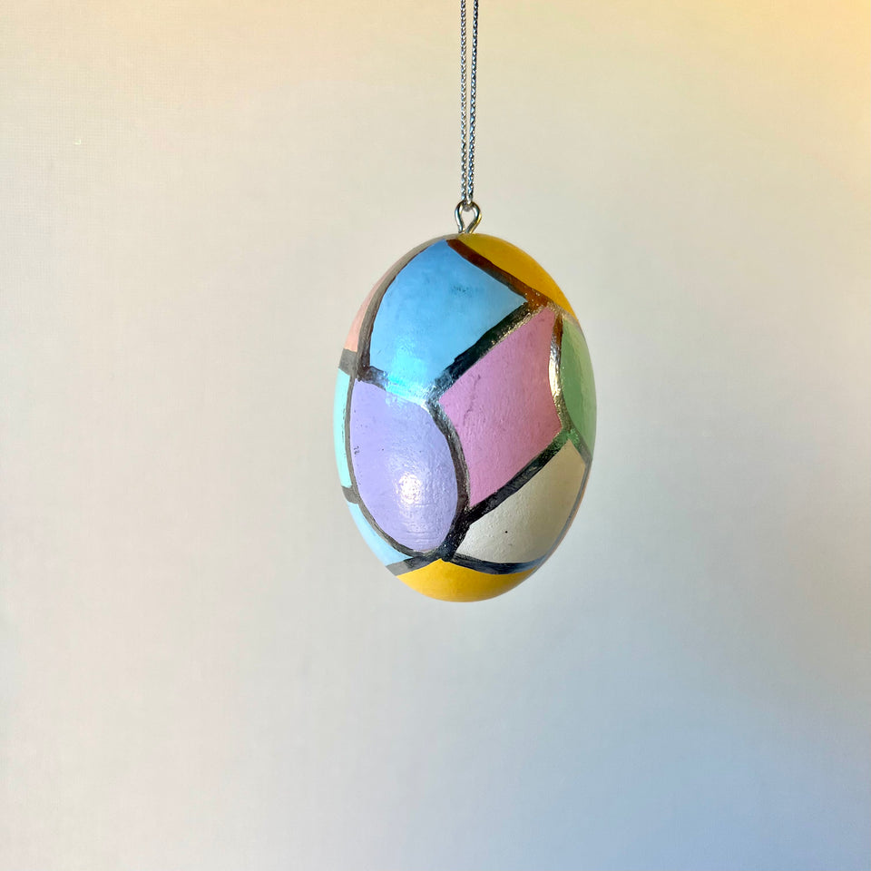 Wooden Egg Ornament with Multicolored and Silver Detail