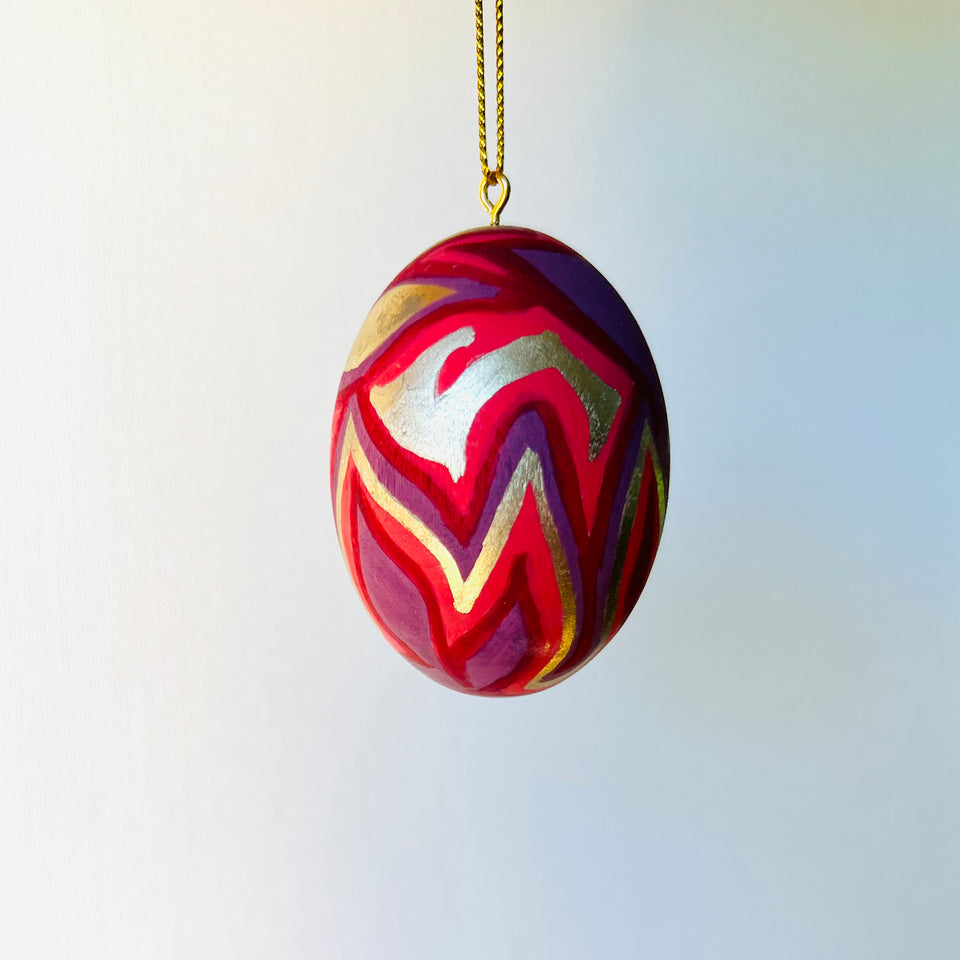 Wooden Egg Ornament with Red and Gold Detail