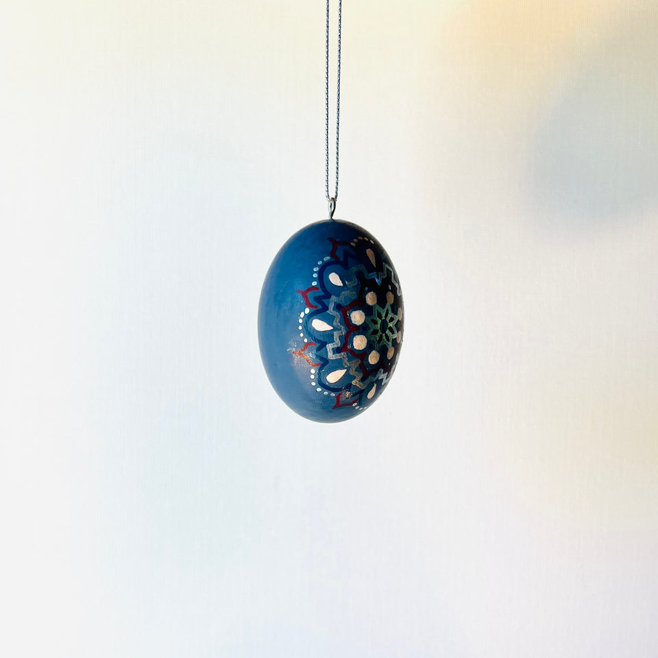 Wooden Egg Ornament in Dusty Blue with White Silver Pink and Red Detail