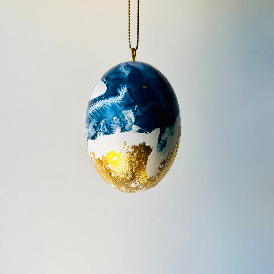 Wooden Egg Ornament with Blue and Gold Detail